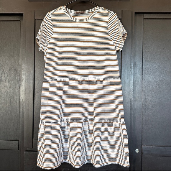 LOFT white yellow black striped short sleeve dress MP - Picture 1 of 9